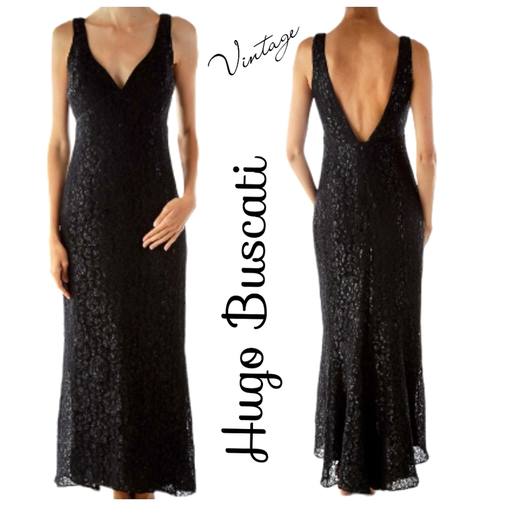 Vintage Inspired Hugo Buscati Black Floral Lace Deep V Evening Gown